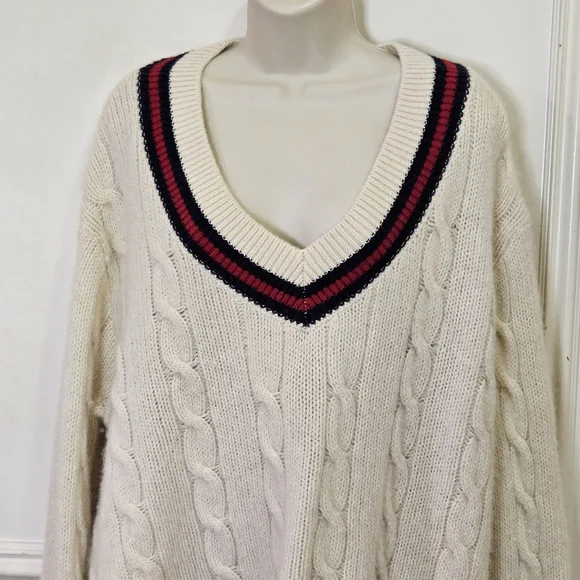 Brandy Melville NIKKI Cream/Red/Navy Cable Knit Oversized Wool Sweater,One Size - Picture 9 of 16